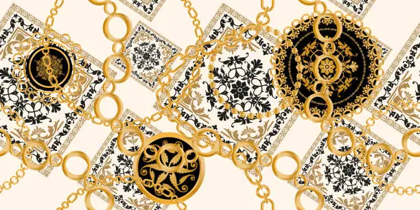 Vector illustration of Seamless pattern decorated with precious stones, gold chains and pearls.