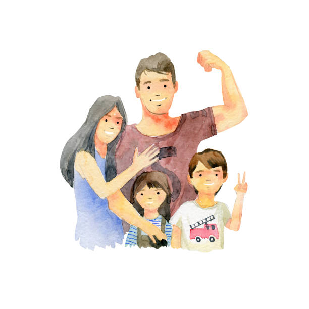 ilustrações, clipart, desenhos animados e ícones de feliz cartão de boas-vindas do dia dos pais. papai é um forte herói da família. - illustration and painting drawing child family