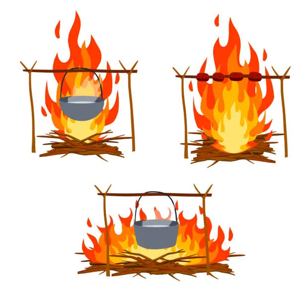 Vector illustration of Fire with branches and stones. Cartoon flat illustration. Cooking in the campaign. Campfire with pot. Boiling water and food preparation in camp