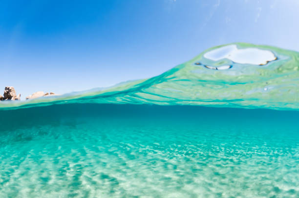 istock Split-shot, over-under shot. Stunning view of half underwater half sky with a beautiful and turquoise water. Caprera, La Maddalena Archipelago, Sardinia, Italy. 1327932838