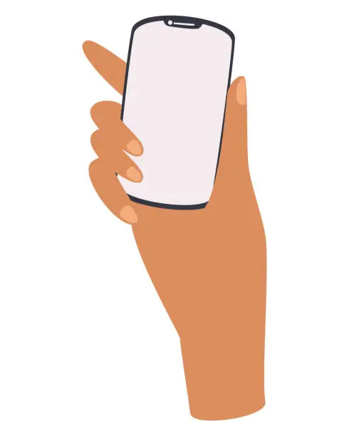 Vector illustration of Hand holds the phone. Smartphone with a blank white screen. Flat cartoon vector illustration isolated on white background.