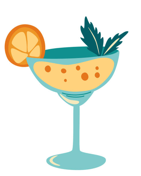 ilustrações de stock, clip art, desenhos animados e ícones de cocktail. refreshing drink with a slice of orange and mint leaves. alcohol drink. perfect for design menu, posters, brochures for cafe, bar. flat cartoon vector illustration isolated - food and drink fruit cartoon illustration and painting