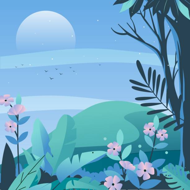 青い背景に木、丘、花を持つ風景。ベクター漫画のクローズアップイラスト - horizon over land tree sunset hill点のイラスト素材／クリップアート素材／マンガ素材／アイコン素材