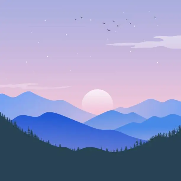 Vector illustration of Landscape mountain and sunrise clear background. Vector cartoon close-up illustration