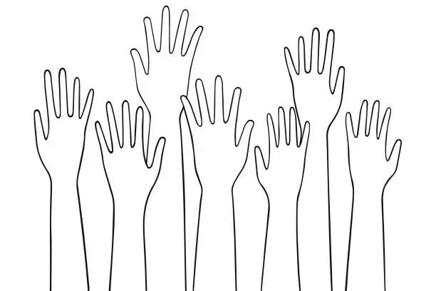 Vector illustration of Up hands. Many hands raised high. Concept of voting, democracy, teamwork, collaboration, volunteering. Black outlines isolated on a white background. Hand-drawn vector illustration.