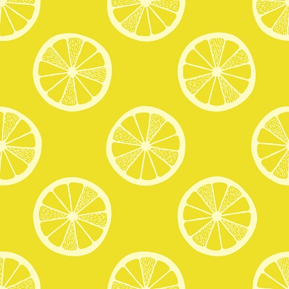 Lemon slices on yellow background seamless pattern. Vector illustration