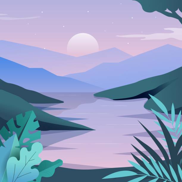 ilustraciones, imágenes clip art, dibujos animados e iconos de stock de un paisaje de colinas con río, puesta de sol, árboles y montañas - east river illustrations