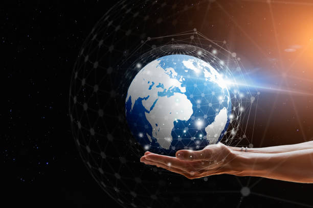 istock Businessman holding in hands with global connection concept. Energy saving concept. 1327941369