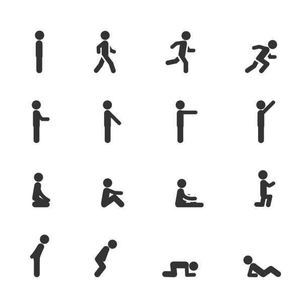 векторный набор человека, стоящего идущим бегом сидя лежащим, указывая в разных позах значки. - scoring run stock illustrations