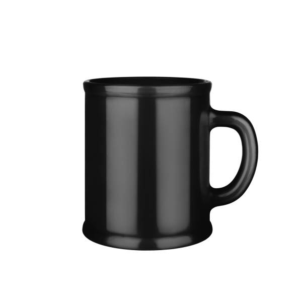 istock Black ceramic cup on white background isolated close up, black coffee mug with handle, teacup, crockery, ceramics, porcelain kitchen utensil, empty tea cup mockup, blank mug template 1327947913