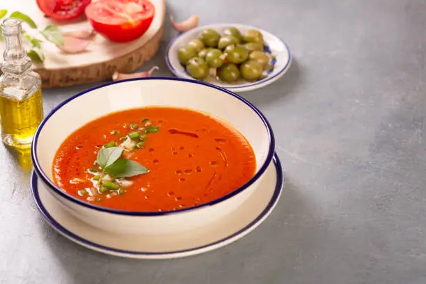 Plate of traditional spanish gazpacho on the background of ingredients made from tomato, pepper, garlic with olive oil copy space