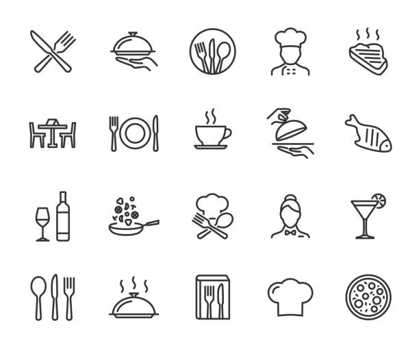 ilustrații de stoc cu vector set de icoane linie restaurant. conține meniu de icoane, servirea alimentelor, bucătar, lista de vinuri, tacâmuri, friptură, tavă și multe altele. pixel perfect. - cafenea