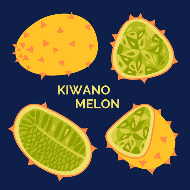 kiwano melonenfrucht logo isoliert auf dem dunklen hintergrund. set exotischer horned melonen icons. vektor-cartoon-illustration mit ganzen und geschnittenen lebensmitteln. tropische fruchtsammlung - kawani fruit stock-grafiken, -clipart, -cartoons und -symbole