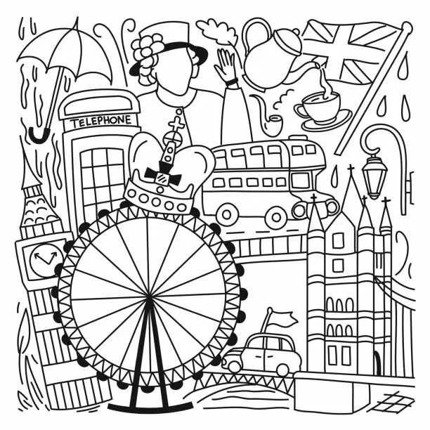 Vector illustration of England Related Cartoon Doodle Illustration. Hand Drawn Vector