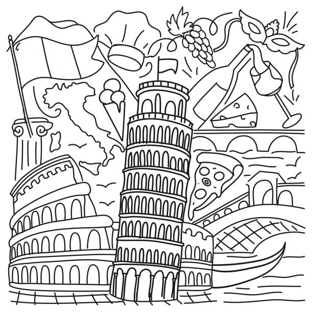 ilustraciones, imágenes clip art, dibujos animados e iconos de stock de italia relacionada con la ilustración del doodle de dibujos animados. vector dibujado a mano - italian culture rome europe cartoon