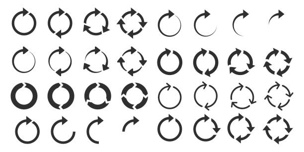 ilustraciones, imágenes clip art, dibujos animados e iconos de stock de conjunto de iconos de flechas circulares. girar símbolos de flecha. icono de reciclaje, actualización, recarga o repetición redondo. - evolucionar