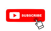 Subscribe button with hand click icon. Click button. Social media sign.