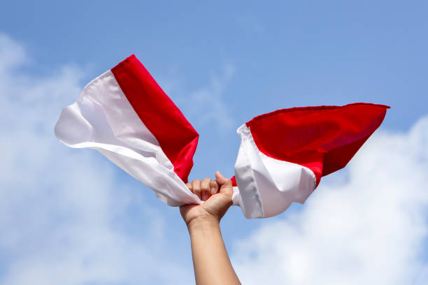 saisir à la main drapeau rouge et blanc indonésien dans les airs sous un ciel bleu - indonésien photos et images de collection