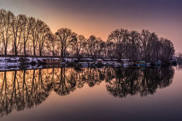 A beautiful view created by reflection of houseboats and trees on the bank of river Jhelum, Jammu and Kashmir, India