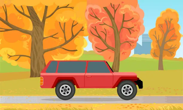 Vector illustration of Automobile on background of autumn forest landscape. Red crossover, SUV, cross country car