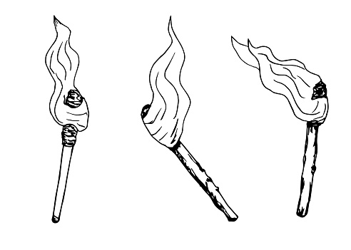 Hand-drawn vector set of black outline on a white background. Burning torches, primal fire, lighting, flames of various shapes. Simple drawing, sketch.