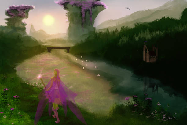 istock Fantasy landscape of elf walking down the valley 1327973160