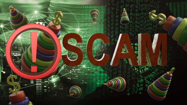 istock Chaotic movement of multi-colored pyramids with a dollar symbol on top and voluminous scam text on a dark background with a hacker mask and an exclamation mark. 1327973174