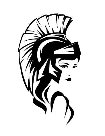 beautiful Athena Pallas wearing helmet - ancient greek goddess woman black and white vector head portrait