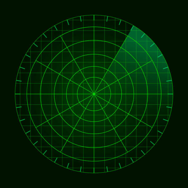 Green radar screen. Military air search system. Vector HUD radar display. Futuristic interface radio detection. Green radar screen. Military air search system. HUD radar display. Futuristic interface radio detection. Vector illustration. flight radar screen stock illustrations