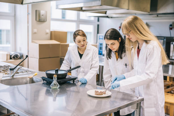 Female scientists looking at fried genetic meat Serious female scientists looking at fried genetic meat in laboratory kitchen. meat substitute stock pictures, royalty-free photos & images