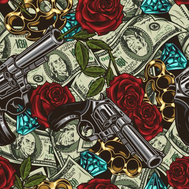 мафия и деньги винтажный бесшовный узор - guns and money stock illustrations