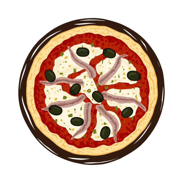 Vector illustration of hand drawn Anchovy pizza. Tasty Italian pizza topped with marinara sauce, mozzarella cheese, anchovies, black olive, olive oil and oregano. Vector illustration of hand drawn Anchovy pizza. Tasty Italian pizza topped with marinara sauce, mozzarella cheese, anchovies, black olive, olive oil and oregano. anchovy stock illustrations