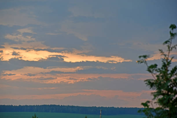 Red sunset with blue clouds in the evening