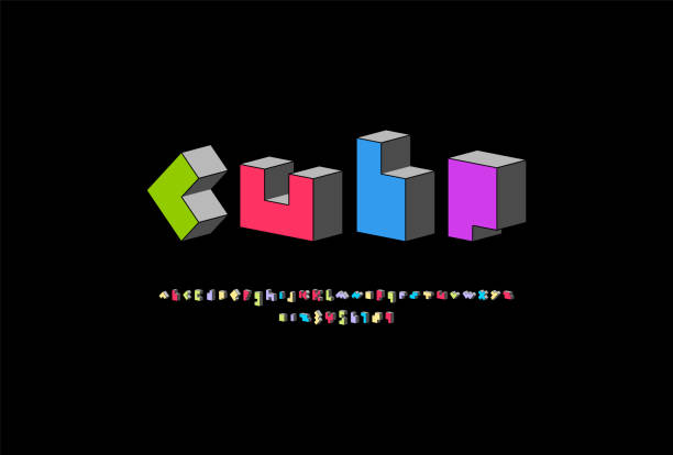 3d кубический шрифт в многоцветном, модный алфавит, жирные латинские буквы и арабские цифры, векторная иллюстрация 10eps - letter j block toy alphabet stock illustrations