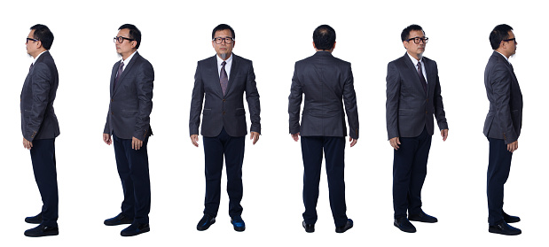 Collage Group Full length Figure of 50s 60s Asian Elderly man black hair business suit pant and shoes. Senior Manager stands and turns 360 around rear side back view over white Background isolated