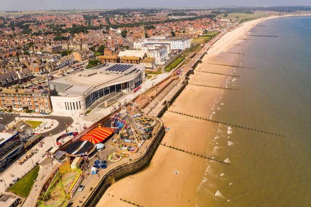 Aerial view of the seafront and promenade of the North Marina at Bridlington Bridlington, UK, - July 9, 2021.  Aerial landscape view of the promenade and seafront of the small Yorkshire seaside town of Bridlington. east riding of yorkshire photos stock pictures, royalty-free photos & images