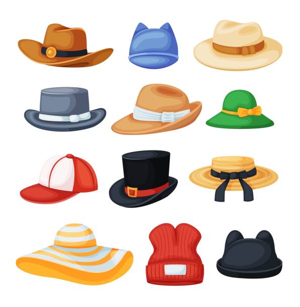 istock Cartoon headwear. Cowboy hat, fedora, beach sun hat, baseball cap, black cylinder. Different types of men and women stylish hats vector set 1327985706