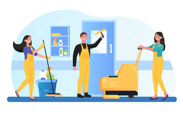 Male and female cleaning staff is working in office building Male and female cleaning staff is working in office building. Concept of cleaner service. People in uniform using floor scrubber and broom. Flat cartoon vector illustration crewmembers stock illustrations