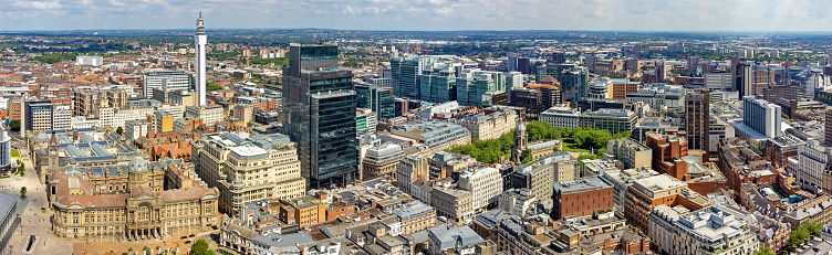 Wide angle aerial panoramic cityscape over the city of Birmingham, England, UK