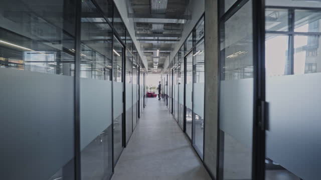 Long office corridor with many glass rooms, modern coworking space, business