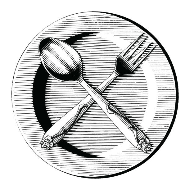 Cross of spoon and fork on dish hand draw vintage engraving style black and white clip art isolated on white background