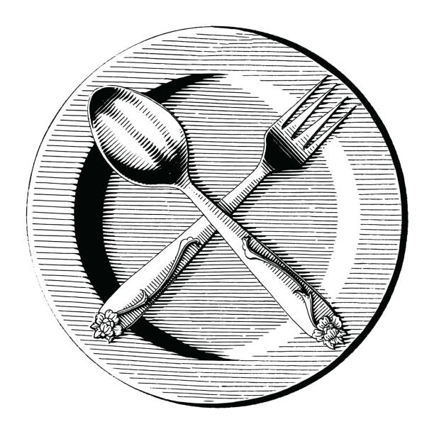 Cross of spoon and fork on dish hand draw vintage engraving style black and white clip art isolated on white background Cross of spoon and fork on dish hand draw vintage engraving style black and white clip art isolated on white background diner illustrations stock illustrations