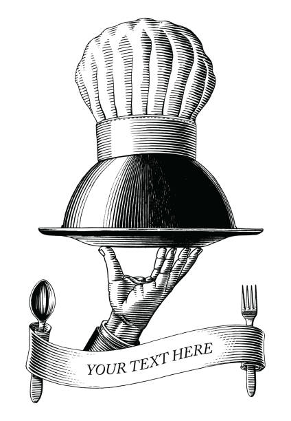tangan memegang nampan makanan dengan topi koki menggambar gaya ukiran vintage clip art hitam dan putih terisolasi di latar belakang putih - butler holding food ilustrasi stok