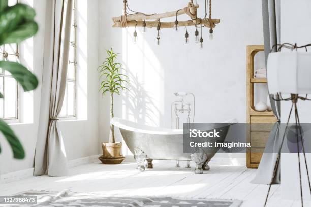 Loft Apartment Industrial Style White Bathroom Stock Photo - Download Image Now - Bathroom, Domestic Bathroom, Bathtub