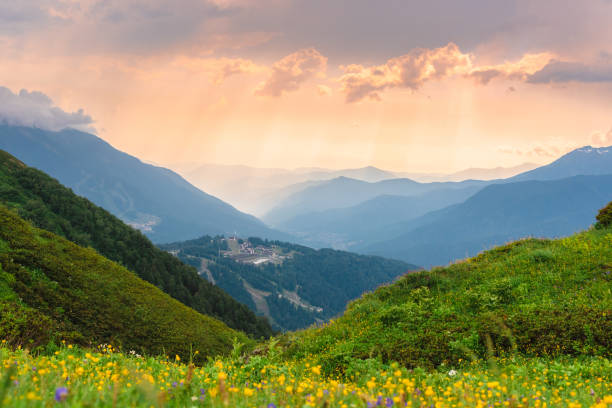 istock Layers of mountains in the haze during sunset 1327995764