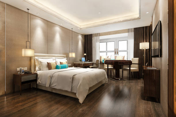 istock 3d rendering beautiful luxury bedroom suite in hotel with tv and working table 1327995993