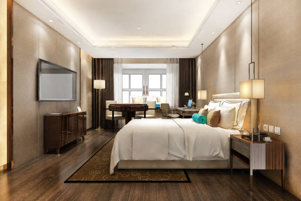 istock 3d rendering beautiful luxury bedroom suite in hotel with tv and working table 1327996012