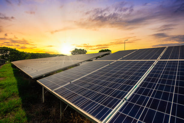 istock Solar panel cell on dramatic sunset sky background,clean Alternative power energy concept. 1327996317