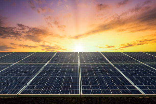 istock Solar panel cell on dramatic sunset sky background,clean Alternative power energy concept. 1327996886