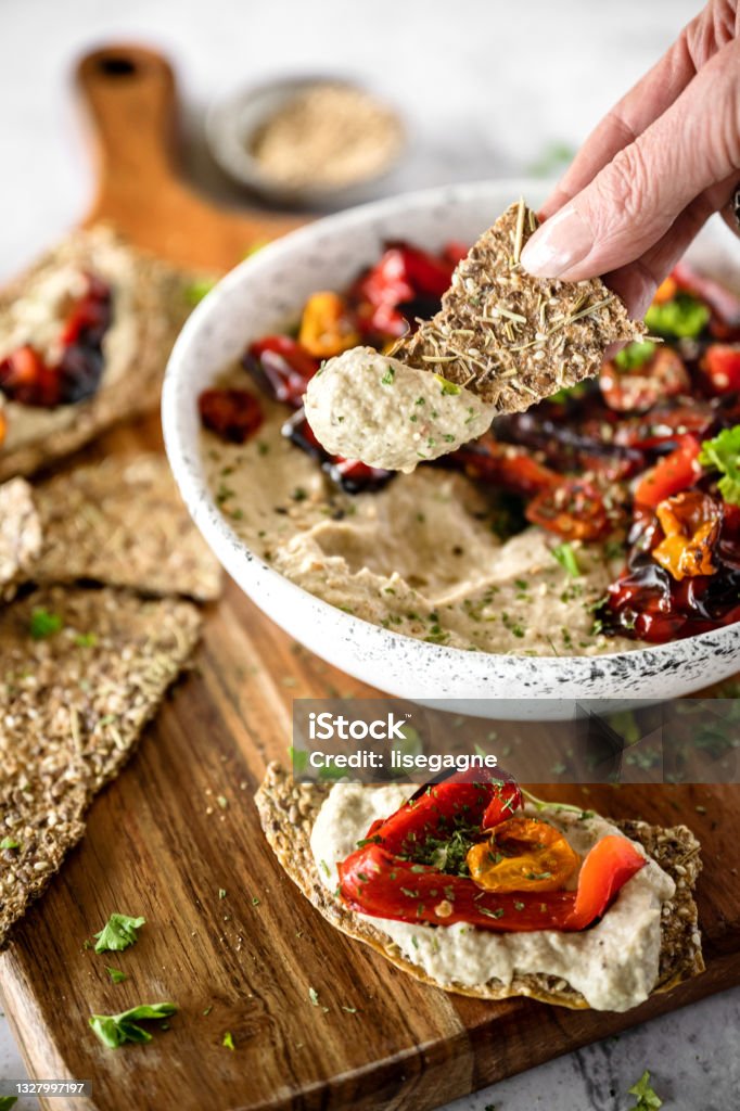 Diverse Keto Dishes Eggplant hummus served with crackers, Quebec, Canada Healthy Eating Stock Photo
